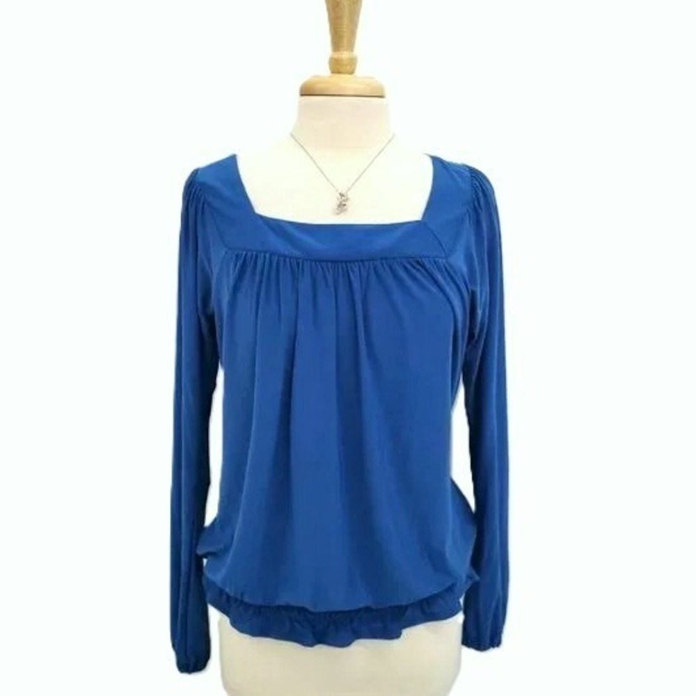 Daisy Fuentes‎ Womens M Blue Square Neck Long Sleeve Blouse Peplum Hem Top